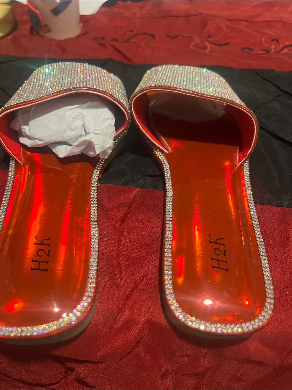 H2K Red Crystal-Trim Slide Mules